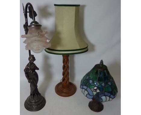 Tiffany style table lamp H31cm, figural table lamp and one other (3) Condition Report All three lamps require re-wiring Click