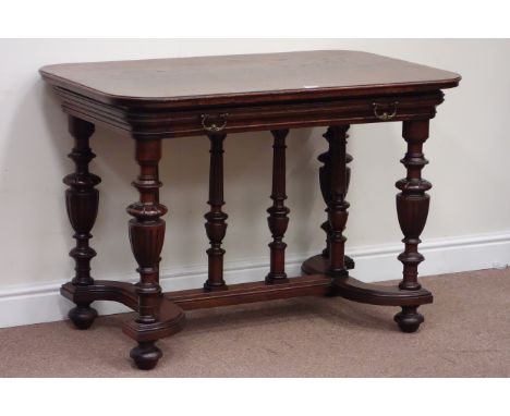 Edwardian oak rectangular top table with rounded corners, raised on multiple pillar base, fitted with single drawer, W110cm, 