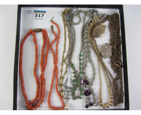 Victorian and later muff chain, lockets, coral necklaces, Art Deco necklaces etc Condition Report Click here for further imag