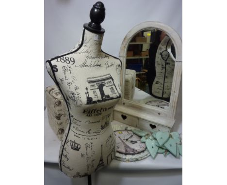 Decorative dressmaker's dummy/mannequin upholstered in 'Paris' print fabric, a similar footstool, laundry basket and clock, s