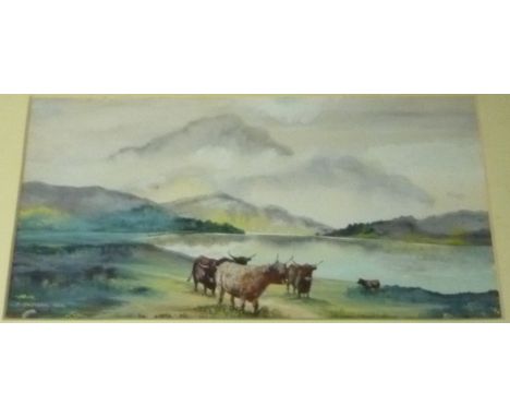Highland Cattle, gouache signed F. Jackson 15cm x 29cm, Forest scene watercolour indistinctly signed, Flowers and seascape oi