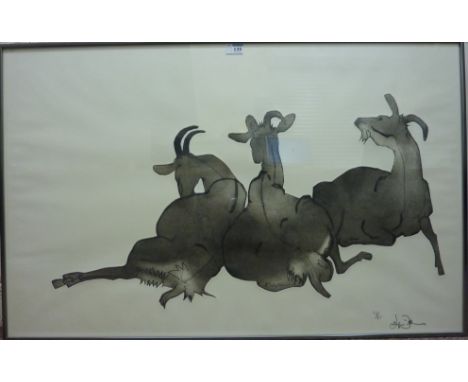 Sitting Goats, Limited edition print indistinctly signed and numbered in pencil 23/65  64cm x 103cm Condition Report Click he