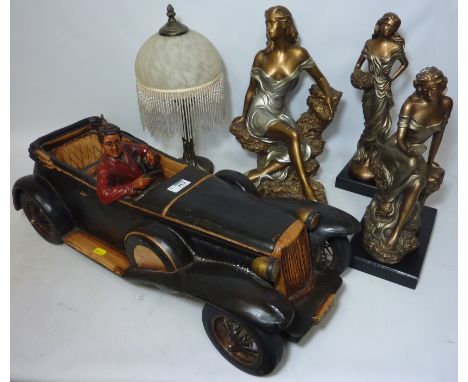 Large model of a vintage motorcar with driver, three sculptures of women and a table lamp (5)  (This item is PAT tested - 5 d