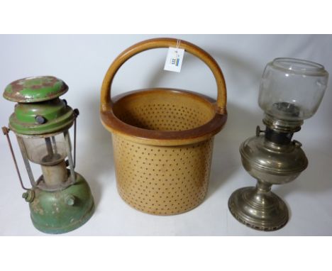 Late 19th/early 20th century stoneware bucket shape filter/strainer (by repute ex dairy) H44cm, mid-century Bialaddin lantern