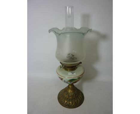 Victorian brass oil lamp with painted glass well and etched glass shade H 53cms Condition Report Click here for further image