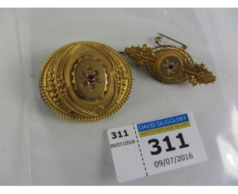 Victorian gold brooch set with diamonds and ruby hallmarked 9ct and a similar oval brooch stamped 9ct Condition Report Click 