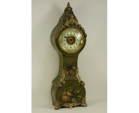 Dutch style miniature longcase clock hand painted with birds and flowers, with gilt metal feet and mounts, barrel movement wi