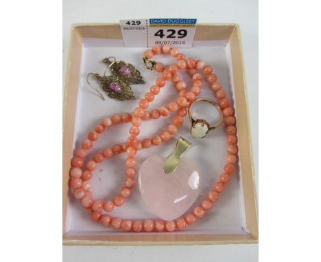 Coral necklace, pair ear-rings, pink quartz pendant and opal ring stamped 9ct, Condition Report Click here for further images