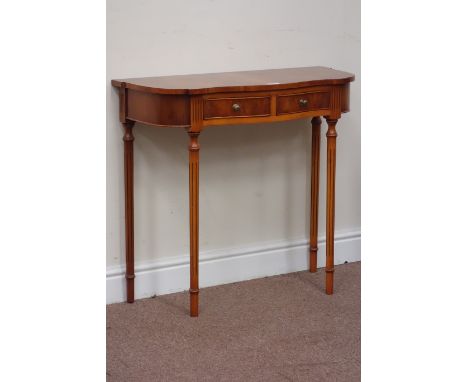 Reproduction yew wood two drawer console table, W80cm, H73cm, D34cm Condition Report Click here for further images, condition