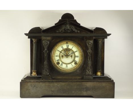 19th century American slate mantel clock, dial signed 'Ansonia Clock Co. New York' W38cm, H34cm  CLOCKS & BAROMETERS - as we 