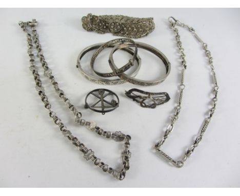 Victorian hinged bangles, watch chain and brooch hallmarked, marcasite brooch stamped silver etc Condition Report Click here 