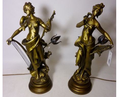 'La Melodie' and 'La Pensee' pair figural lamps after Moreau H51cm   (This item is PAT tested - 5 day warranty from date of s