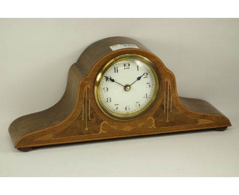 Edwardian inlaid mahogany, walnut and walnut burr shaped top mantel clock, battery powered movement, W33cm, H14cm  CLOCKS & B