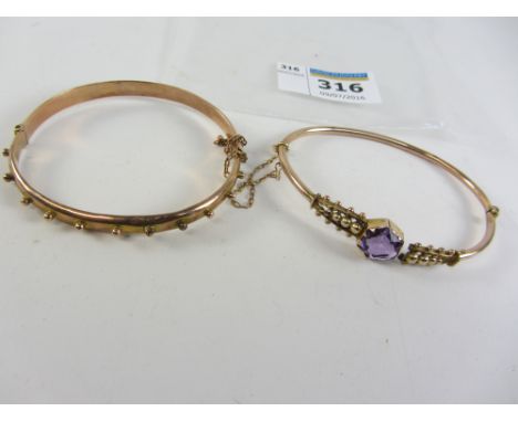 9ct rose gold hinged bangle Birmingham 1900 approx 5.8gm and an Victorian amethyst set gold hinged bracelet stamped 9ct (a.f.
