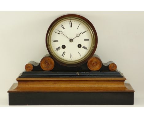 19th century walnut and ebonised mantel clock, round dial, fitted with French Japy Frères movement, W30cm, H21cm CLOCKS & BAR