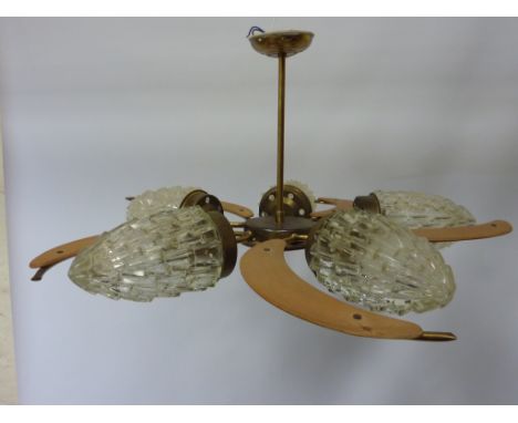 Pair 1960's teak and glass pineapple centre light fittings D62cm  Condition Report Click here for further images, condition, 