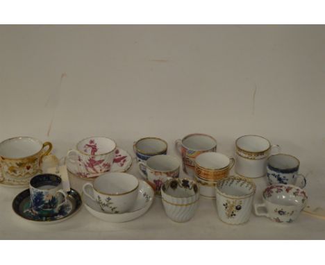 A tray of 18th and 19th Century English and Chinese specimen cups and saucers including New Hall, Minton, Caughley, Spode, et