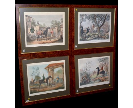 After *** Jazet and Carle Vernet, "Depart du Chasseur" and other hunting scenes, hand-coloured photogravure, 39cm x 51cm, fra