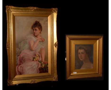 E* Gall - Portrait of a woman with yellow roses, oil on canvas, 67.5 x 39cms, framed and E* F* - Portrait of a woman, signed 