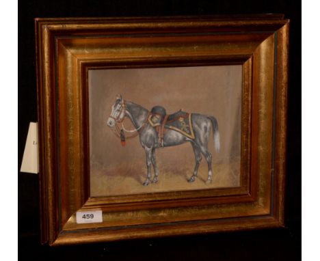 20th Century British School - Portrait of a grey cavalry charger in a stable, gouache, 17.5 x 22cms.