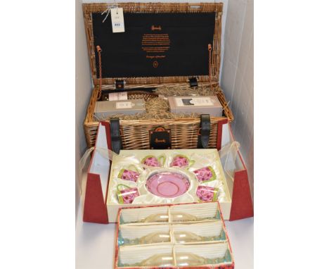 A Harrods small hamper and contents, to include a bottle of Freixenet; a boxed espresso set for six; and a boxed set of six s