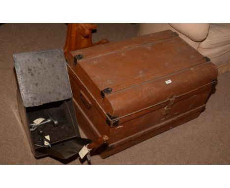 A tin trunk; together with a black tin coal scuttle and implements.