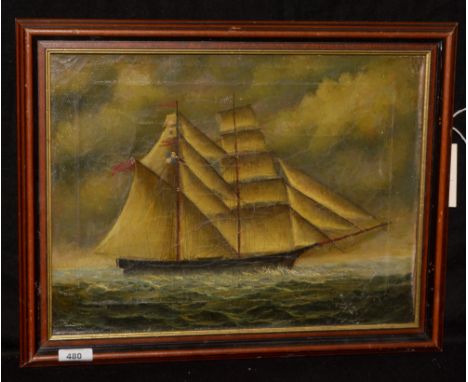 British School - Portrait of a brigantine under full sail, oil on canvas, 39.5 x 40cms, framed.