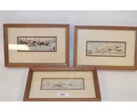 Three Equestrian Stevengraphs in frames of hunting and racing scenes.