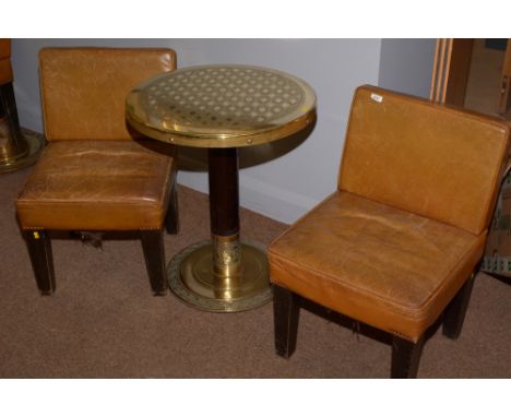 A set of four vintage leather studded side chairs; and two brass round drinks tables (one damaged).