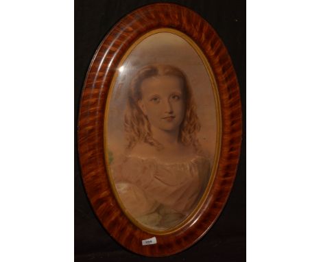 19th Century British School - Portrait of a young woman, indistinctly signed, watercolour, 48.5 x 28cms oval, framed.