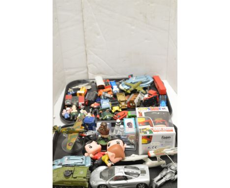 Two trays of mixed toys, to include: Captain Scarlet; Wallace &amp; Gromit; Judge Dredd; Dr Who; Thomas the Tank Engine; Star