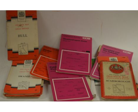 A box of vintage Ordnance Survey maps, locations to include: Scarborough; Aldershot; Hull; Dunbar; and Swansea.