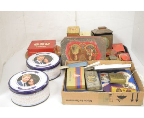 Vintage tins relating to the Royal Family; together with other Royal memorabilia a Coronation Velvet Butterfly; Coronation so