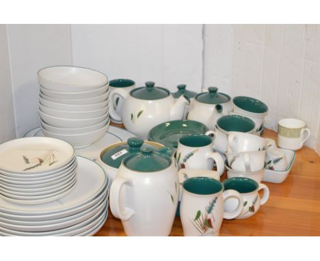 Denby Green Wheat dinner service eight settings, to include: plates, bowls, mugs, tea pots, coffee pot, tureen, and others.