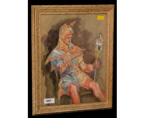Attributed to Featherstone Robson - Portrait study of a man dressed as a Harlequin, signed with initials "F.R.", watercolour,