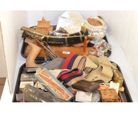 Two trays of mixed items, to include: kukri knives; vintage planes; a horn; military buttons, patches and badges; table light