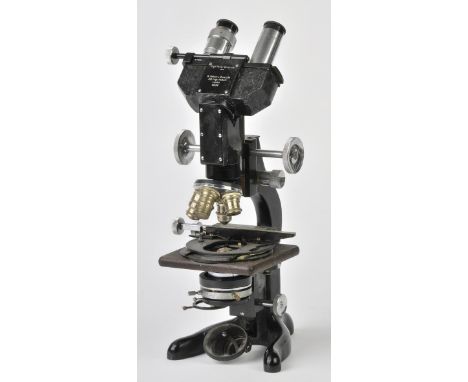 *Microscope. A black lacquered brass binocular microscope, W. Watson & Sons, 313 High Holborn, London, 86180, circa 1940s,  w