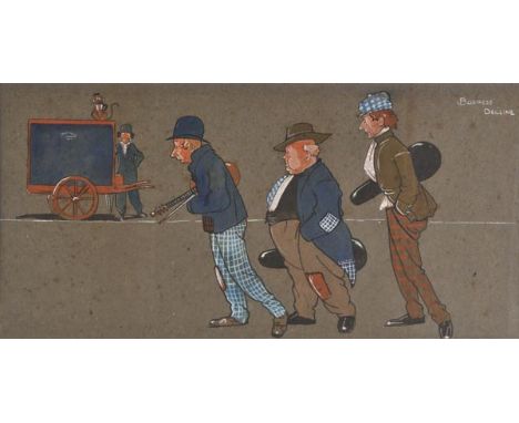 *Valles (Fred, later Arlington Valles, 1886-1970). Business Decline, 1910, gouache cartoon on textured card, showing three mo