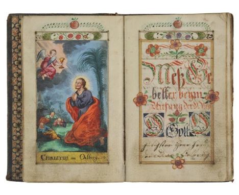 German manuscript prayer book. A handwritten illuminated prayer book in German, circa 1800, painted frontispiece depicting St