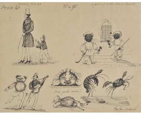 *Prints & Engravings. Five original pen & black ink humourous sketches by George Cruikshank (1792-1878),  together five sheet