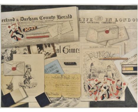 *Trompe L'oeil. Gentleman's Desk, late 19th century,  pen, ink and watercolour on paper, depicting newspapers and periodicals