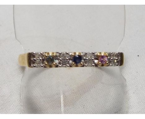 A lady's 9 carat gold hallmarked ring containing three coloured sapphires with a 'Love' pierced setting, size T, boxed, appro