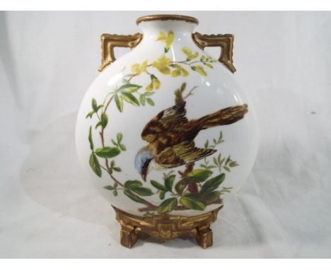 Royal Worcester - a large twin-handled moon flask hand painted with birds perched on floral sprigs, 22 cm (high) - Est £100 -