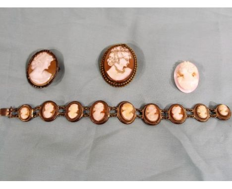A good mixed lot to include a cameo bracelet, two cameo brooches with pendant fittings - one in marcasite-set silver surround