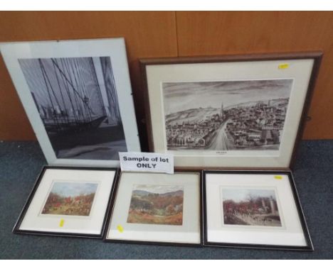 A mixed lot of fourteen prints, a mirror and framed jigsaw to include a print of Hilden, German town, signed to the reverse G