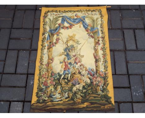 Quality wall hanging tapestry of pastoral scene with lady on swing being admired by her beau, some shepherdesses and sheep wi