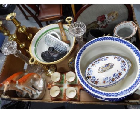 A good mixed lot of glassware, ceramics, brass candlesticks, a mahogany framed tapestry, a Rolls razor, a pair of Victorian c