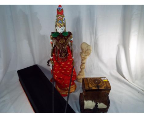 A wooden hand crafted Burmese marionette / puppet with wooden stand, boxed, two wooden carved hinged trinket chests and an or