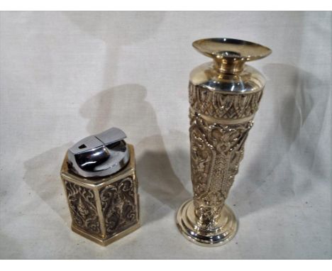 Siamese silver - a vase, 16 cm (high) and a sextagonal sided cigarette holder with Ronson lighter, 9 cm (high) both profusely