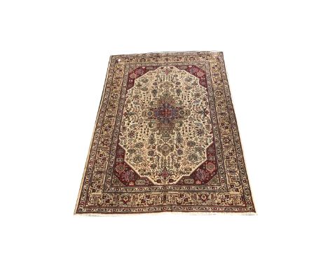 Vintage Persian Tabriz rug, traditional Tabriz geometric design on ivory field with red spandrels Dimensions: Length/Width:&n